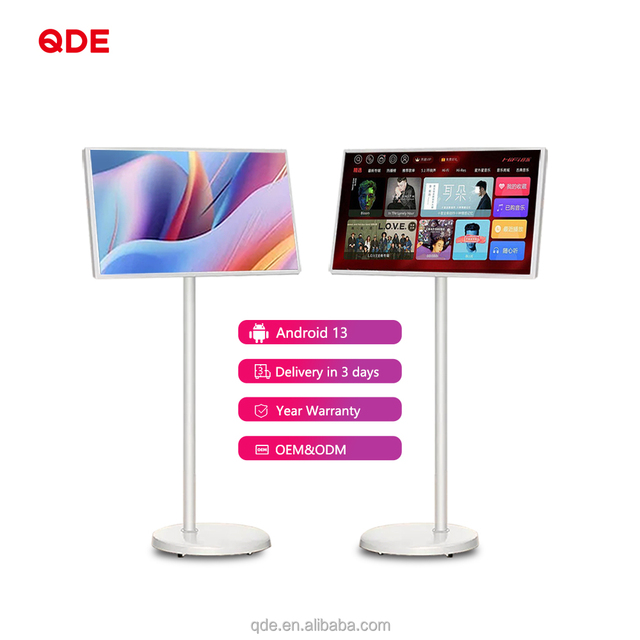 QDE Factory Price 27 Inch White LED 4K UHD Android 13 Mobile Smart LCD Screen Rechargeable Smart Monitor Wheels Portable