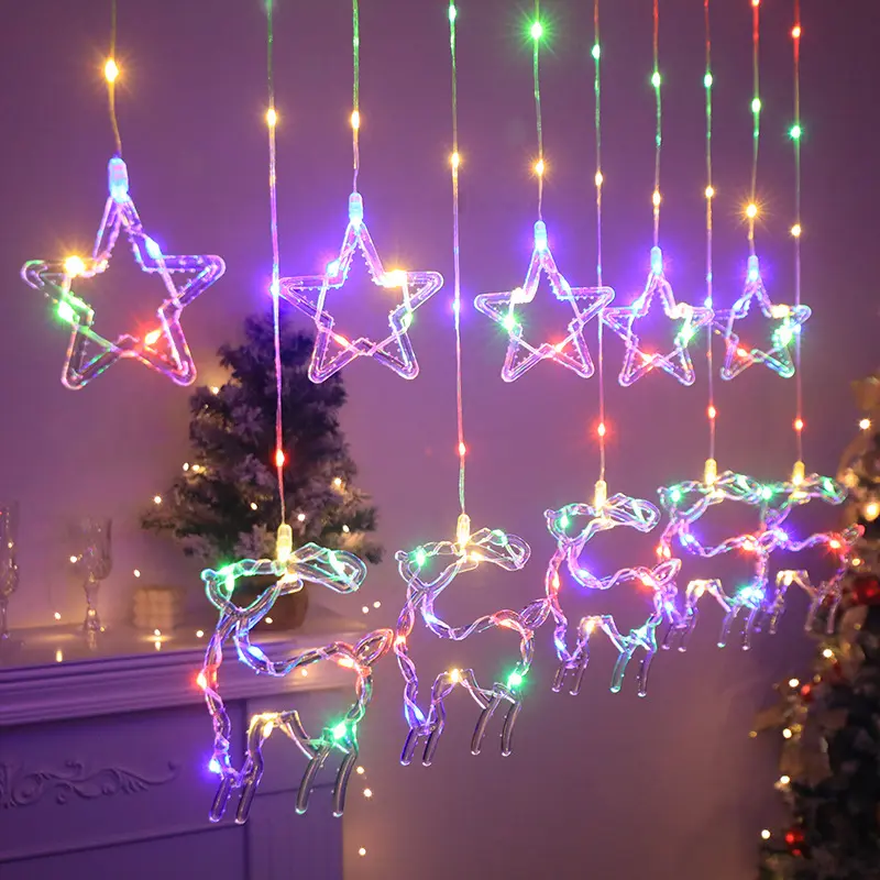 Vacaciones Decoraciones para el hogar Regalos de Navidad Estrellas Luna Elk Luces de cortina Siete cuerdas de luz de colores