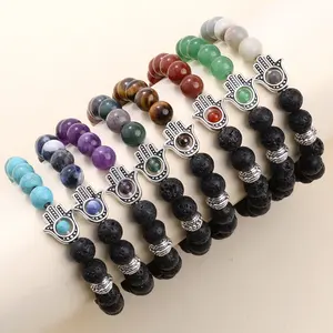 Trang Sức Bán Chạy 8Mm Đá Núi Lửa Hạt Năng Lượng Chữa Bệnh Chakra Vintage Palm Đá Tự Nhiên Bracelet Bangle Cho Phụ Nữ Nam Giới