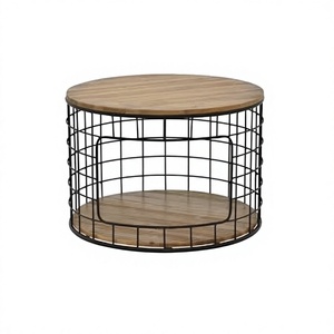 American Style Industrial Round Coffee <b>Table</b> With Wood Top And <b>Iron</b> Wire Frame Storage Shelf For Living Room Furniture - Product Image 1