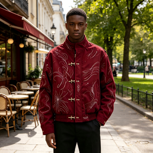 Giacca Oversize Premium Personalizzata <span class=keywords><strong>Rosso</strong></span> <span class=keywords><strong>Vino</strong></span> con Fibbia in Metallo Ricamata con Strass Moda Streetwear Maschile - Product Image 3