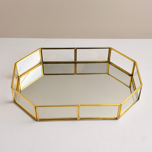 Gold Octagonal Glass Jewelry <b>Tray</b> <b>Mirror</b> Surface Desktop Organizer Storage For Accessories Home Decor - Product Image 3