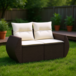 Brown Rattan Garden <b>Sofa</b> <b>Set</b> With Cream Cushions Outdoor Furniture Waterproof Contemporary Design - Product Image 3