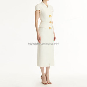 <span class=keywords><strong>Abbigliamento</strong></span> di fascia alta all'ingrosso di alta qualità OEM/ODM di fabbrica <span class=keywords><strong>su</strong></span> <span class=keywords><strong>misura</strong></span> colletto corto con maniche corte con tasche per cintura abito Midi in Tweed dritto - Product Image 2