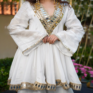 White Chiffon Embroidered Sharara Set With Mirror Work Traditional Indian Ethnic Wear For <b>Wedding</b> Engagement Women - Product Image 4