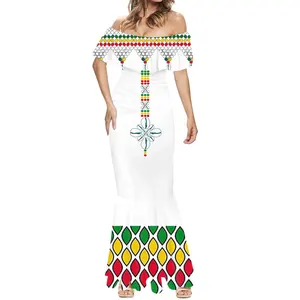 Groothandel Ethiopisch Kruis Avondjurken Vrouwen Dame Elegant Custom Design Ethiopia Vlag Kleding Hot Off Shoulder Fishtail Jurk