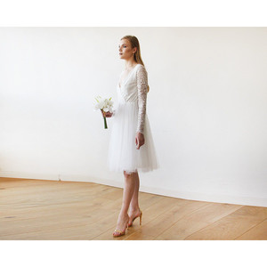 Vestido de Novia Corto, Vestido Midi de Tul y Encaje Color Marfil # 1144 - Product Image 4