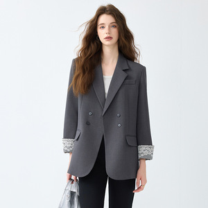 Women's Double Breasted Blazer Gray Lace Cuffs Loose Fit Korean Style Solid Color Polyester Worsted Fabric Spring Autumn Wear - Product Image 4