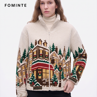 Veste d'hiver chaude pour femme en polaire jacquard teint en fil, motif Village des Neiges de Noël, avec logo personnalisé, design de luxe, OEM/ODM