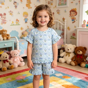 GSSO3323 RTS Little active girl blue flowers print summer outfits kids wholesale girl child summer shorts sleeve set - Product Image 1