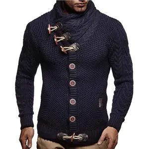 制造商最新时尚男装秋冬厚针织纽扣羽绒皮带扣高领外套羊毛衫