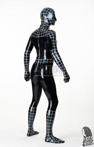 Combinaison intégrale en latex pour homme, cosplay <span class=keywords><strong>Spider</strong></span>, couvrance totale, épaisseur 0,4 mm, noir avec bordure argentée métallique, fermeture éclair dorsale 3 voies, capuche - Product Image 2