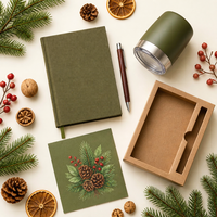 Coffret Cadeau d'Entreprise Personnalisé : Carnet A5 80 Feuilles en Papier Olive Couverture Rigide, Gobelet et Boîte Numérique en Lin