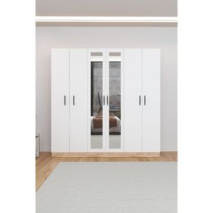 Armario Moderno Independiente de 6 Puertas, Color Blanco, con Espejo, 4 Cajones y 13 Estantes, Diseño Simple, Mueble de Almacenamiento para Dormitorio - Product Image 4