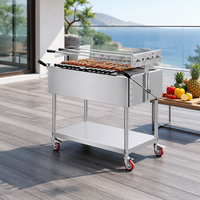 Grill à brochettes au charbon de bois commercial avec tiges rotatives manuelles, chariot de barbecue mobile avec étagère de rangement pour la restauration