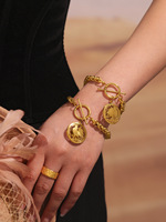 Bracelet certifié pour femme en acier inoxydable plaqué or 18 carats, avec fermoir OT, chaîne à maillons motif pièce de monnaie tête de reine européenne et forme papillon tendance