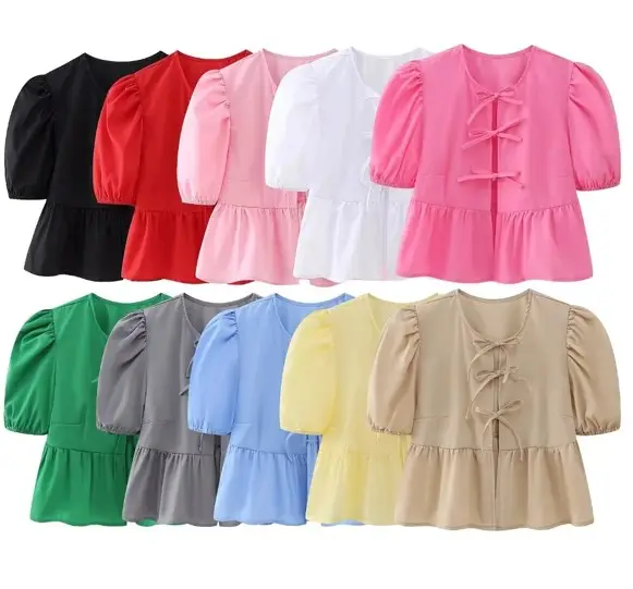 10 warna atasan crop kasual untuk wanita, blus atasan crop kasual lengan pendek warna polos bertali leher depan warna polos