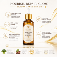 Minyak Rambut MELAO Broccoli Seed Bebas Silikon, Minyak Kering dengan Jojoba Squalane untuk Mengontrol Rambut Kusut, Perawatan Panas, Hasil Akhir Berkilau