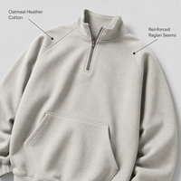 Fabricant de Sweat-shirts Personnalisés à Col Zippé pour Hommes, en Coton Gris Avoine Mélangé, Manches Raglan, Poche Kangourou, Vente en Gros