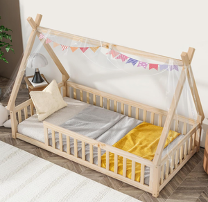 <span class=keywords><strong>โครง</strong></span>เตียงแบบตั้งพื้นพร้อมราวกั้นและหลังคา เตียงเต็นท์ไม้สำหรับเด็ก เด็กหญิง และเด็กชาย ลายธรรมชาติ - Product Image 1