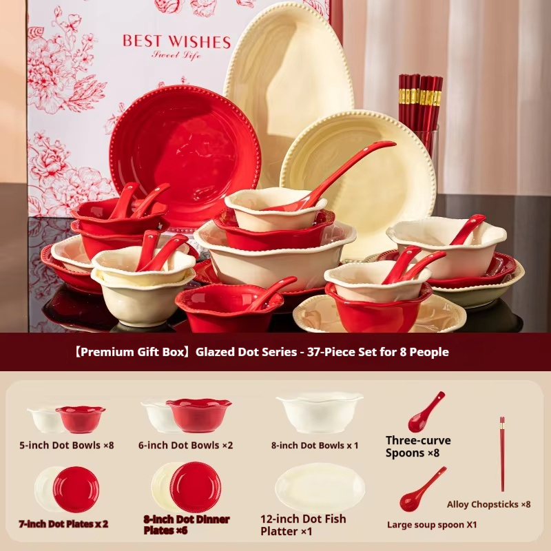 rose red + cream yellow, 37-piece set for 8 people