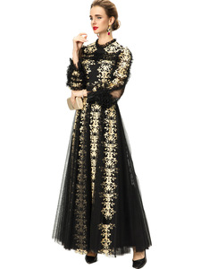 Abito formale retrò con scollo <span class=keywords><strong>a</strong></span> V, ricamato, <span class=keywords><strong>a</strong></span> maniche lunghe e larghe, lunghezza maxi, abbigliamento femminile in stile europeo. - Product Image 3