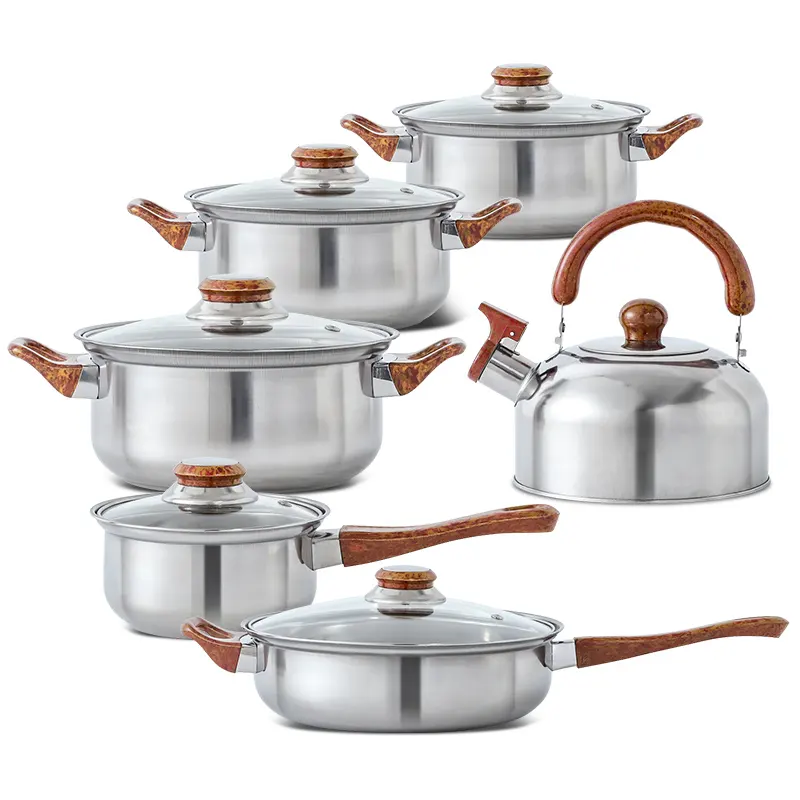 12 pcs Stainless steel cooking pot set cookware soup pot set with kettle and frying pan