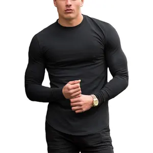 Camiseta de algodão preta masculina lisa, camiseta com músculo slim fit, camiseta para academia, manga longa, roupas esportivas, atacado