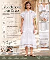 Robe midi romantique en coton naturel pour femme, avec dentelle blanche au crochet, boutonnée, à volants, style estival/inspiration féminine française