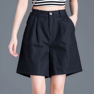 Women's Casual Wide Leg Shorts Cotton Canvas Black Elastic Waist Breathable Summer Loose Fit Pocket Design JK671 - Product Image 1