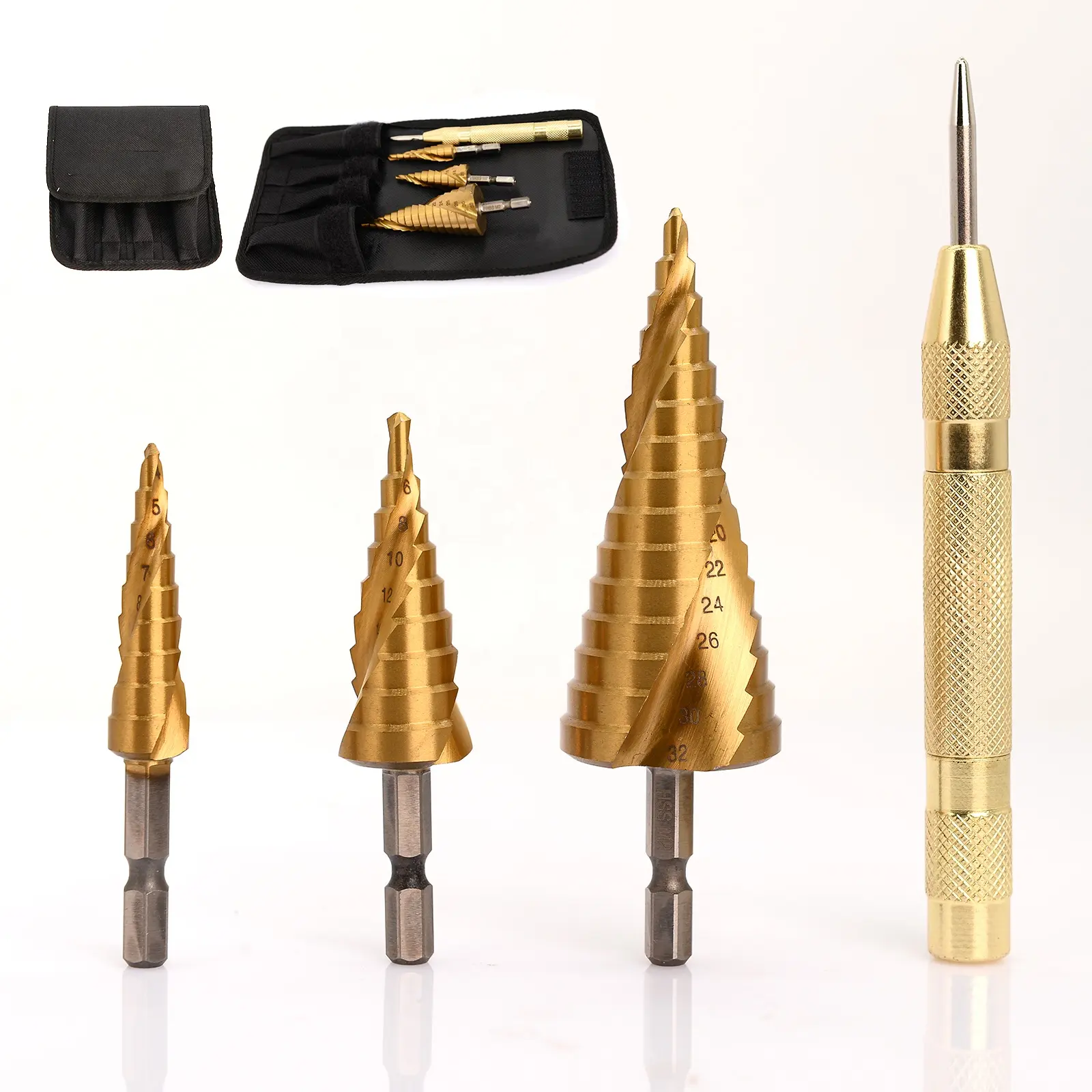 3pcs Titanium HSS Spiral Step Drill Bit Set With 6.35mm Hex Shank For Metalworking Cutting Dia. 4-32mm 4-20mm 4-12mm