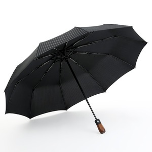 <span class=keywords><strong>Parapluie</strong></span> semi-automatique personnalisable à 3 volets avec manche en bois givré pour hommes, coupe-vent à rayures transparentes - Product Image 2