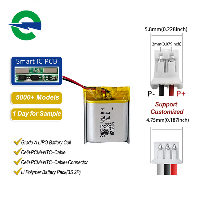 Enerforce 502020 0.7Wh 180mah 3.7v Lipo Battery OEM Polymer Lithium Battery with PCM