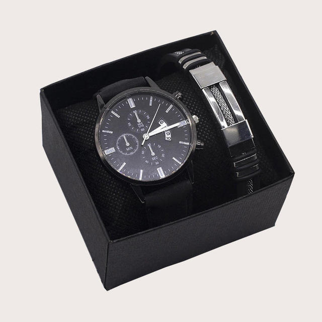 3-piece Set Leather Quartz Simulation Watch Men's Bracelet Business Watch Braided Bracelet Suit Gift for Husband