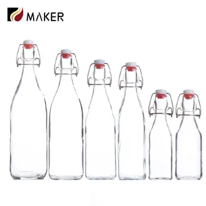 Garrafa de vidro giratória com tampa EZ personalizada por atacado, garrafa de vidro transparente vazia de 250ml, 500ml, 750ml, 1000ml, 1L, garrafa de vidro Kombucha com tampa giratória