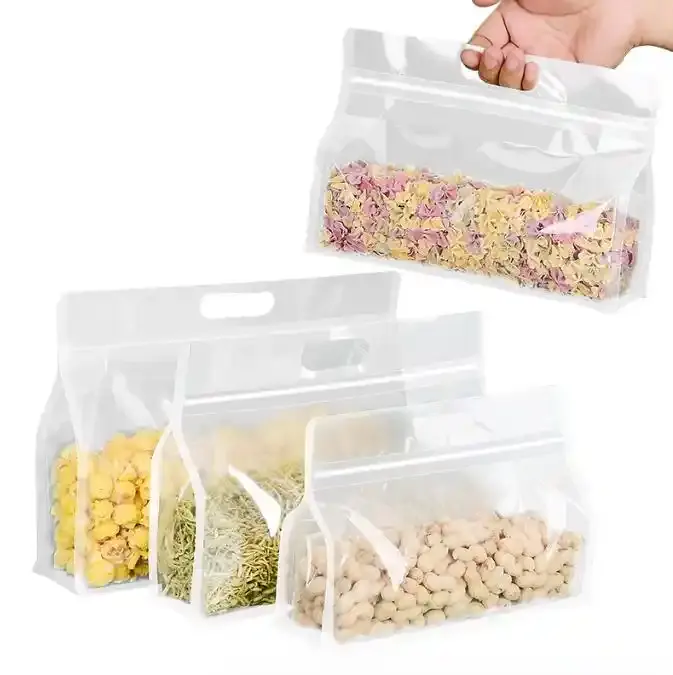 Groothandel Doorzichtige Aangepaste Print Opstaande Zakje Zip Lock Plastic Transparante Rits Top Met Handvat Voedselverpakking