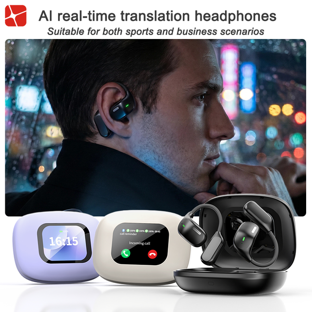Ai Translator Headphones Ows Clip-On 5.4 Earbuds Dual Device Connection High Definition Sound LED Full-Color Smart Screen IPX4