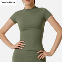 Haut de sport pour femme, coupe ajustée, manches courtes, col rond, séchage rapide, respirant, extensible, en nylon/spandex 100g, effet sculptant