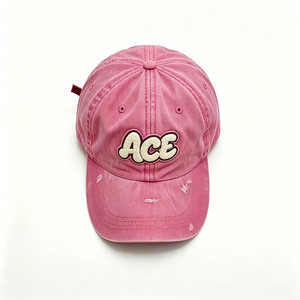 Gorra de papá rosa lavada personalizada de 6 paneles con parche de chenilla bordado con logo ACE, desgastada, sin estructura, corona suave, unisex, con letras, al por mayor - Product Image 5