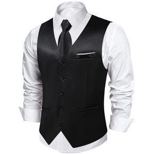 Gilet in Raso <span class=keywords><strong>Nero</strong></span> di Lusso con Cravatta, Pochette e Gemelli da <span class=keywords><strong>Uomo</strong></span> - Elegante per Matrimoni, Moda Casual, Business, Smoking, Tinta Unita - Product Image 2