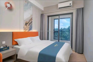 Commercial Hospitality Bedroom Set <b>Queen</b> King MDF Panel <b>Bed</b> <b>Frame</b> with Soft Orange Headboard Nightstand for 3 Star Hotel Project - Product Image 3