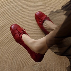 <b>Red</b> Genuine Leather Ballet Flats Square Toe Slip-On With <b>Bow</b> Flat Shoes For Women All Seasons - Product Image 1