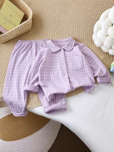 Ensemble de pyjamas pour enfants style coréen, cardigan à carreaux simple pour garçons et filles, vêtements d'intérieur à revers, deux pièces, chaud, en polyester - Product Image 3