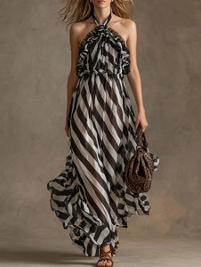 Vestido Largo Premium para Mujer, Nuevo Modelo de Verano, Elegante, con Estampado de Rayas Diagonales, Cuello Halter, Volantes, Sin Mangas, Estilo Fluido - Product Image 1
