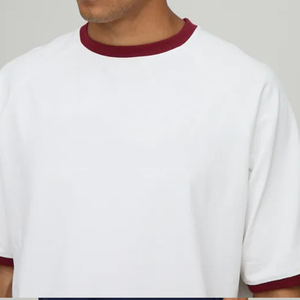 <span class=keywords><strong>T</strong></span>-<span class=keywords><strong>shirt</strong></span> blanc à manches courtes en coton avec bordure <span class=keywords><strong>bordeaux</strong></span> pour <span class=keywords><strong>homme</strong></span>, coupe décontractée confortable, col ras du cou décontracté, haut en coton - Product Image 3