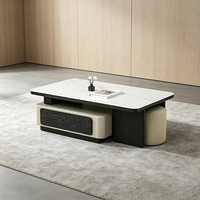 Table basse moderne de luxe en placage de bois peint avec plateau en pierre microcristalline et rangement central pour salon