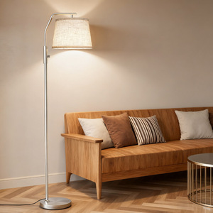 Lampadaire moderne en acier inoxydable, hauteur réglable, source de lumière LED, abat-jour blanc cassé, pour salon, chambre à coucher, bureau, salle d'étude - Product Image 1