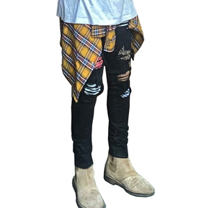 Jeans slim homme haute élasticité avec patchs déchirés aux genoux, style streetwear, pour le dropshipping - Product Image 3