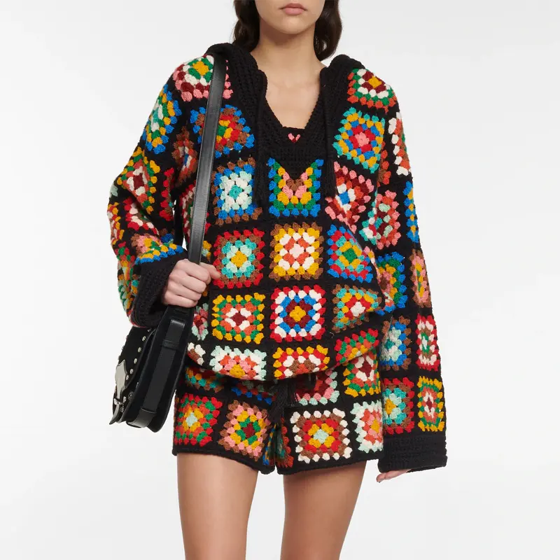CaiNan özel tasarımcı vintage el yapımı kadınlar tığ kazak 100% pamuk çiçek patchwork tığ hoodie