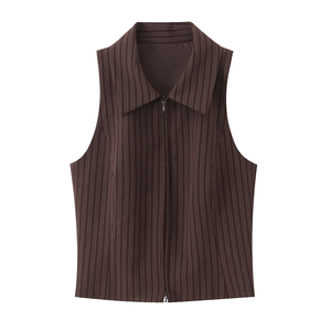 Chaleco sin mangas con cuello y cremallera a rayas, estilo vintage, novedad primavera 2026 para mujer, 100% poliéster ecológico - Product Image 1